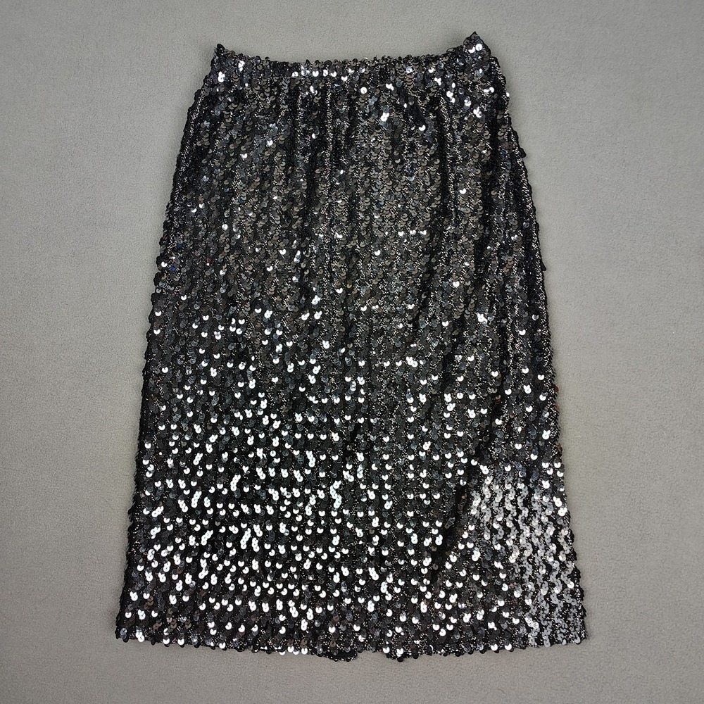 Vintage 90s CLIMAX Sequined Skirt Size 7/8 Black Knee Length Glam Rock Chic USA